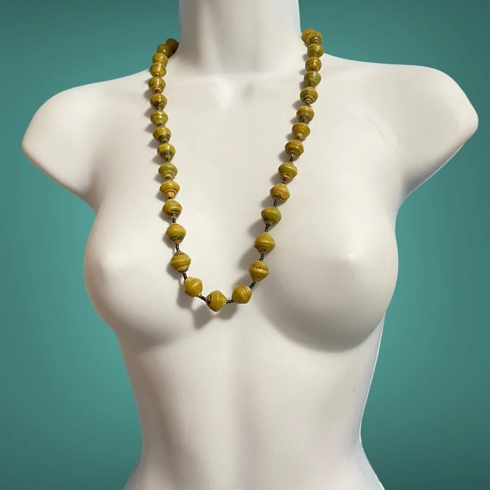 Kitchy Paper Beads Necklace Green With Seed Beads Artisan Made